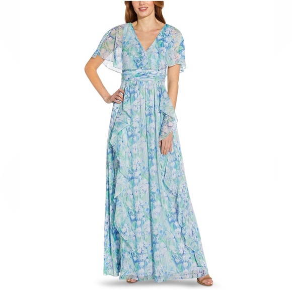 Adrianna Papell Plus 16W ruffles airy chiffon blue floral maxi gown dress flowy - Picture 1 of 12